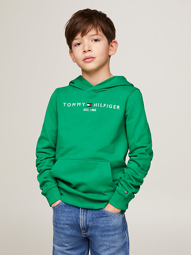 green essential hoodie met geborduurd logo voor kids unisex - tommy hilfiger