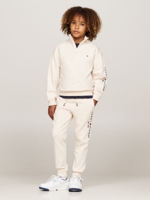 beige logo drawstring cuffed joggers for kids gender inclusive tommy hilfiger