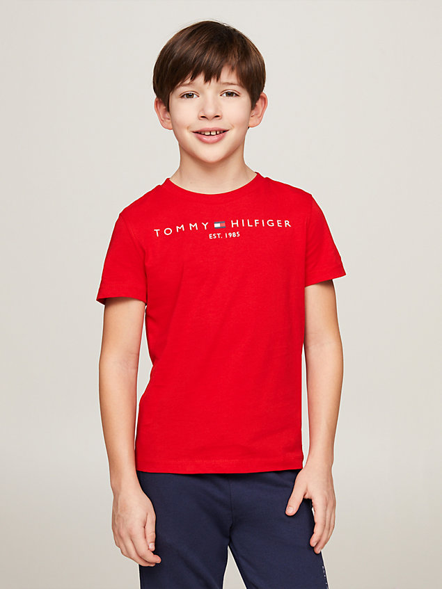 red essential organic cotton logo t-shirt for kids unisex tommy hilfiger