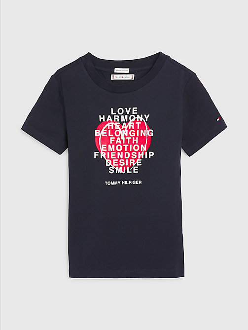 blue valentines heart text print t-shirt for kids unisex tommy hilfiger