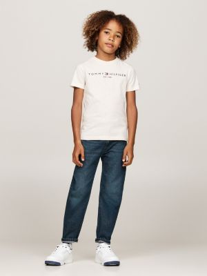 t-shirt con scollatura rotonda e logo beige da unisex bambino tommy hilfiger