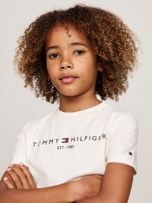 t-shirt con scollatura rotonda e logo beige da unisex bambino tommy hilfiger