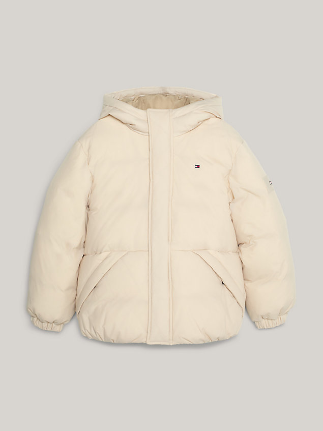 beige logo dual gender padded hooded jacket for kids unisex tommy hilfiger