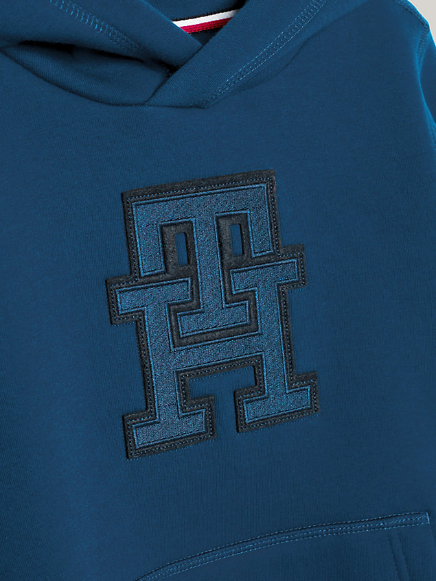blue th monogram uniseks fleece hoodie voor kids unisex - tommy hilfiger