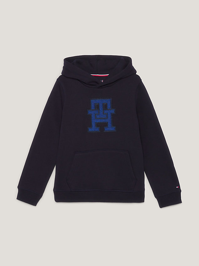 blue th monogram uniseks fleece hoodie voor kids unisex - tommy hilfiger