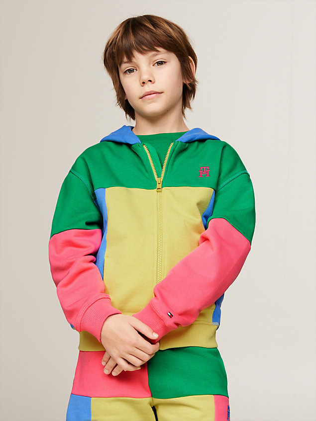 green colour-blocked hoodie met rits en monogram voor kids unisex - tommy hilfiger