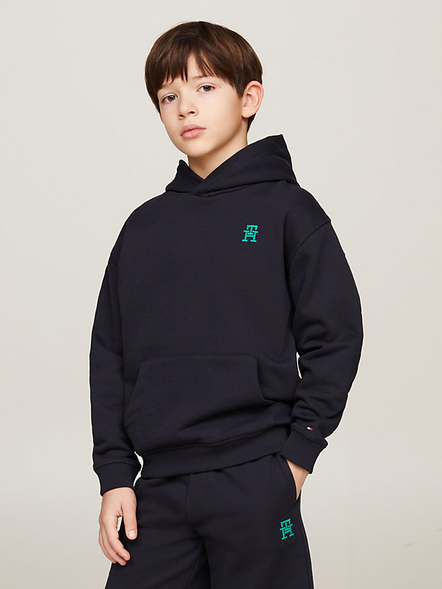 blue th monogram embroidery hoody for kids unisex tommy hilfiger