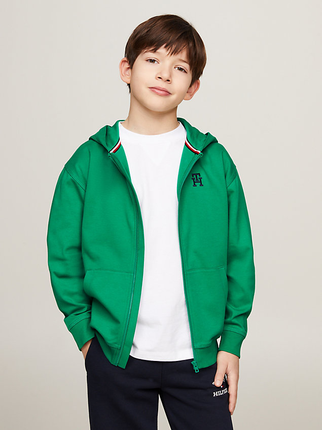 green th monogram lichtgewicht hoodie met rits voor kids unisex - tommy hilfiger