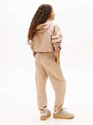 beige logo-jogginghose aus gebürstetem fleece für gender-inclusive kinder - tommy hilfiger