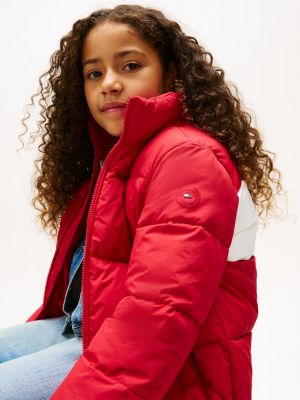 rot puffer-jacke mit flag-logo hinten für gender-inclusive kinder - tommy hilfiger