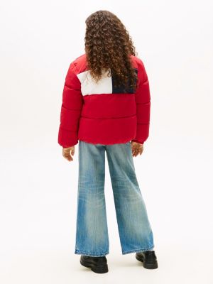 rot puffer-jacke mit flag-logo hinten für gender-inclusive kinder - tommy hilfiger