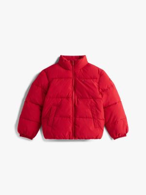 rot puffer-jacke mit flag-logo hinten für gender-inclusive kinder - tommy hilfiger