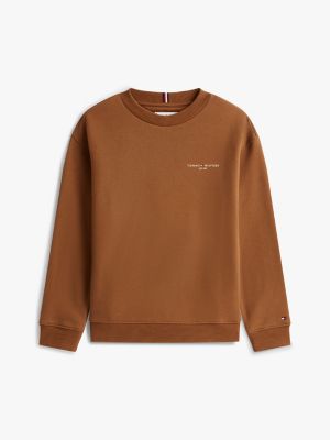 brown logo fleece crew neck sweatshirt for kids gender inclusive tommy hilfiger