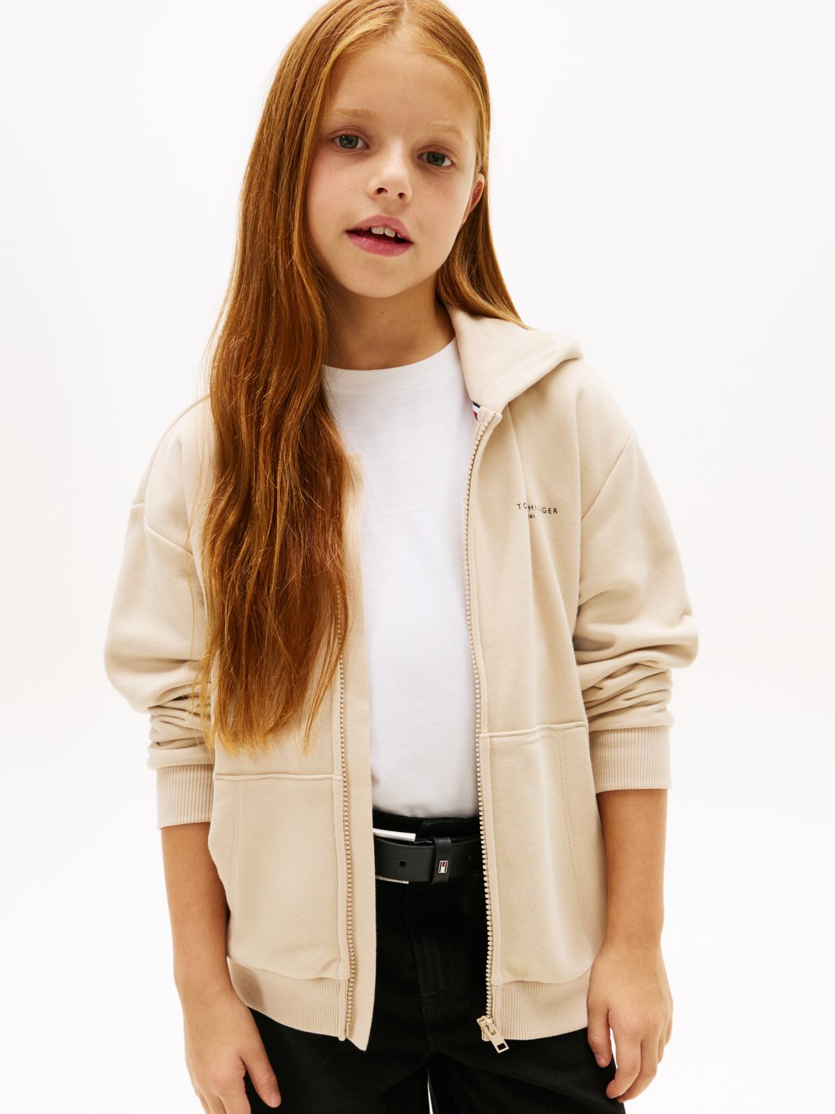 Logo Brushed Fleece Zip-Thru Hoody — Beige