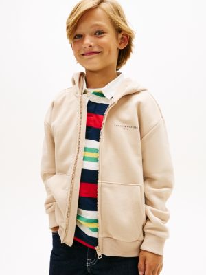 beige logo brushed fleece zip-thru hoody for kids gender inclusive tommy hilfiger