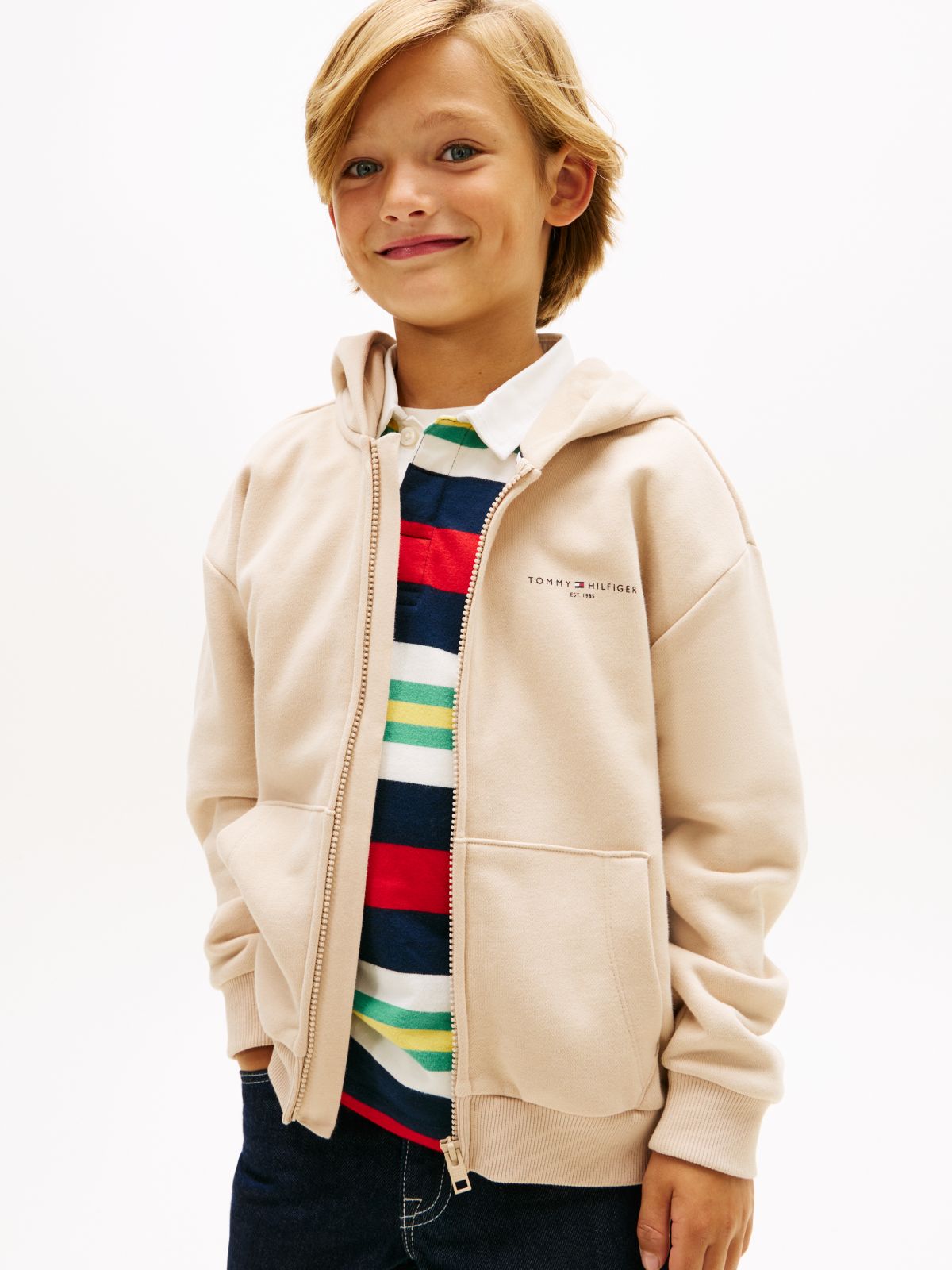 Logo Brushed Fleece Zip-Thru Hoody — Beige