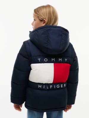 blue heritage ripstop removeable sleeve puffer jacket for kids gender inclusive tommy hilfiger