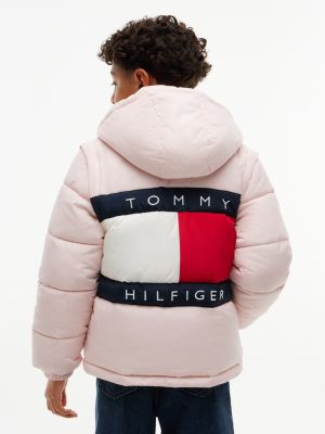 pink heritage ripstop removeable sleeve puffer jacket for kids gender inclusive tommy hilfiger