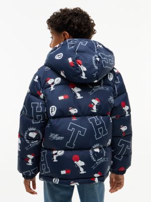 blue peanuts® print relaxed hooded puffer jacket for kids gender inclusive tommy hilfiger