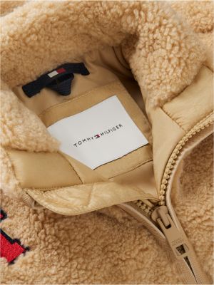 beige varsity logo patch teddy jacket for kids gender inclusive tommy hilfiger
