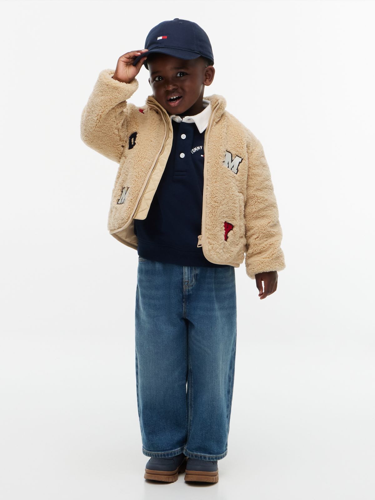 Varsity Logo Patch Teddy Jacket — Beige