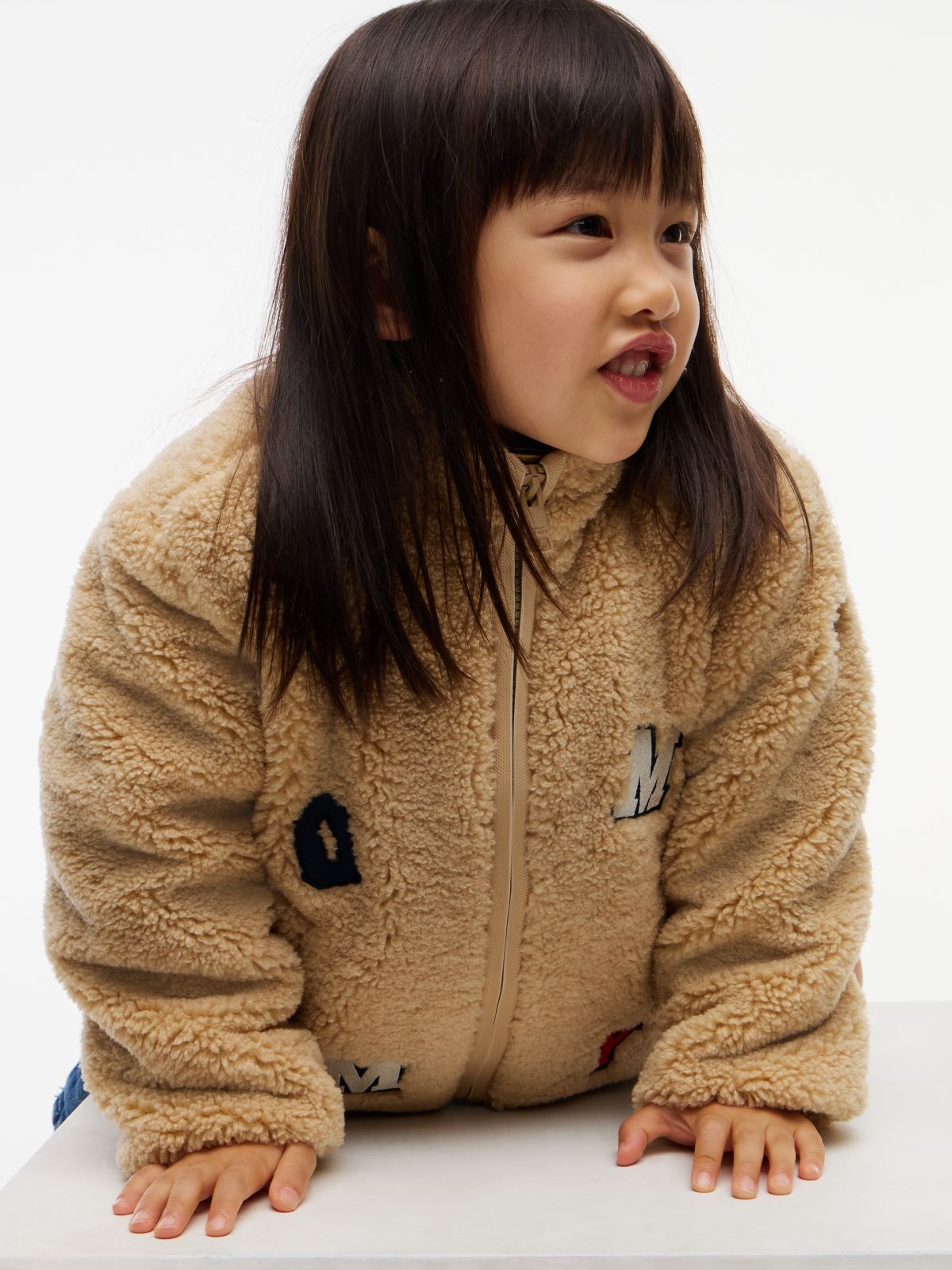 Varsity Logo Patch Teddy Jacket — Beige