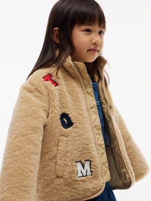 beige varsity logo patch teddy jacket for kids gender inclusive tommy hilfiger