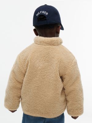 beige varsity logo patch teddy jacket for kids gender inclusive tommy hilfiger