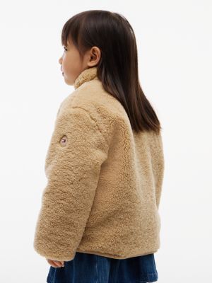 beige varsity logo patch teddy jacket for kids gender inclusive tommy hilfiger