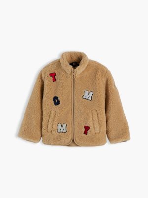 beige varsity logo patch teddy jacket for kids gender inclusive tommy hilfiger