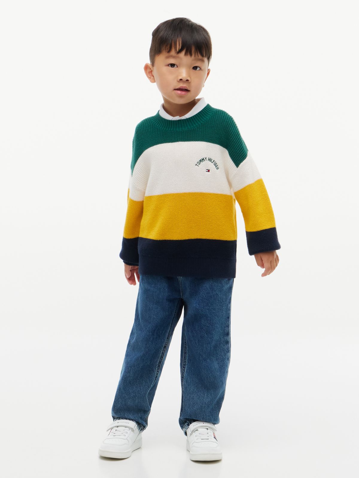 Colour-Blocked Stripe Relaxed Crew Neck Jumper — Green