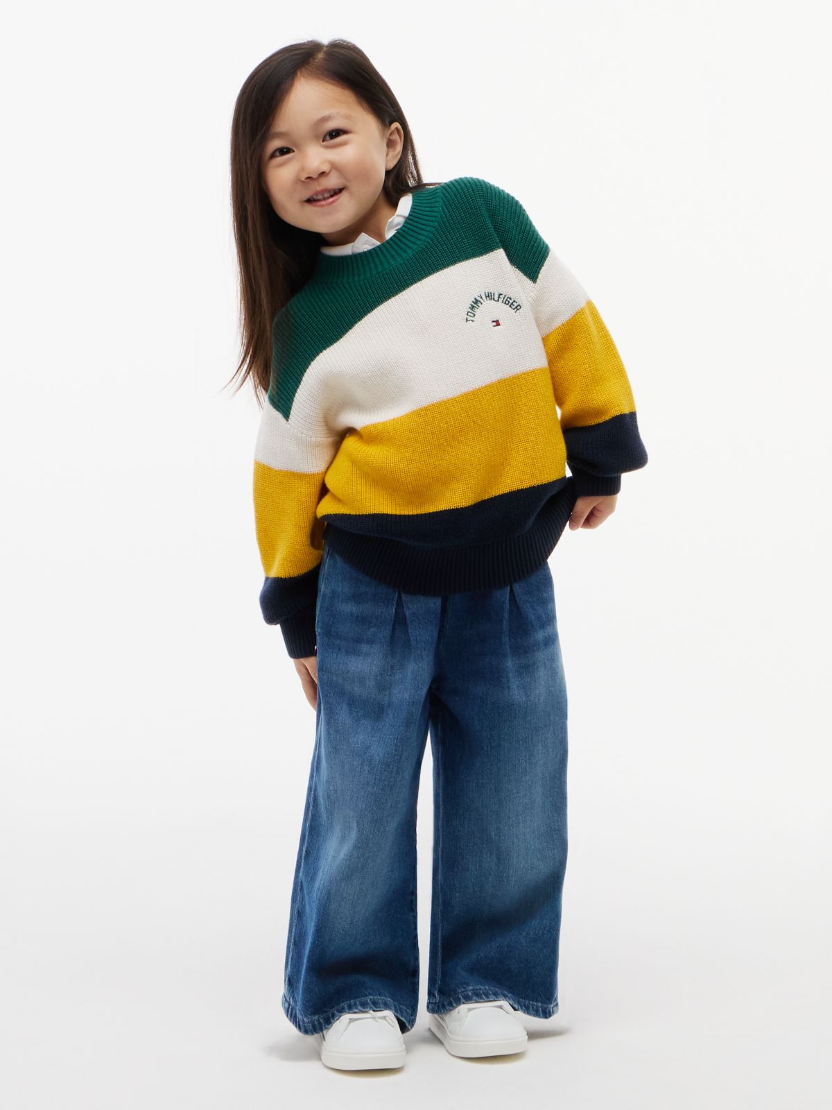 Colour-Blocked Stripe Relaxed Crew Neck Jumper — Green
