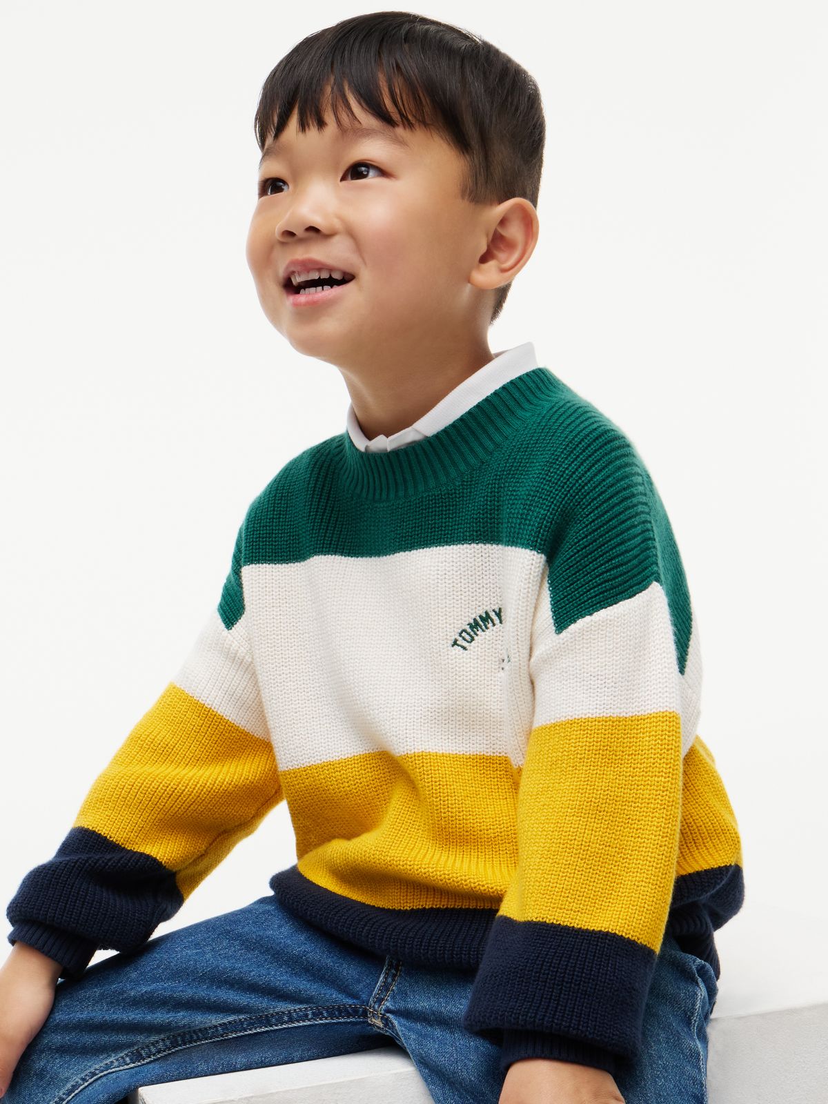 Colour-Blocked Stripe Relaxed Crew Neck Jumper — Green