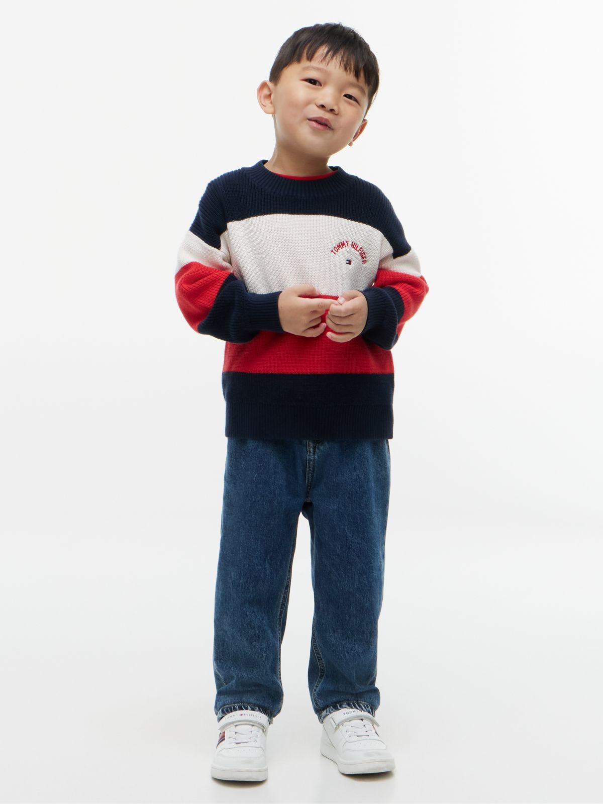 Colour-Blocked Stripe Relaxed Crew Neck Jumper — Red