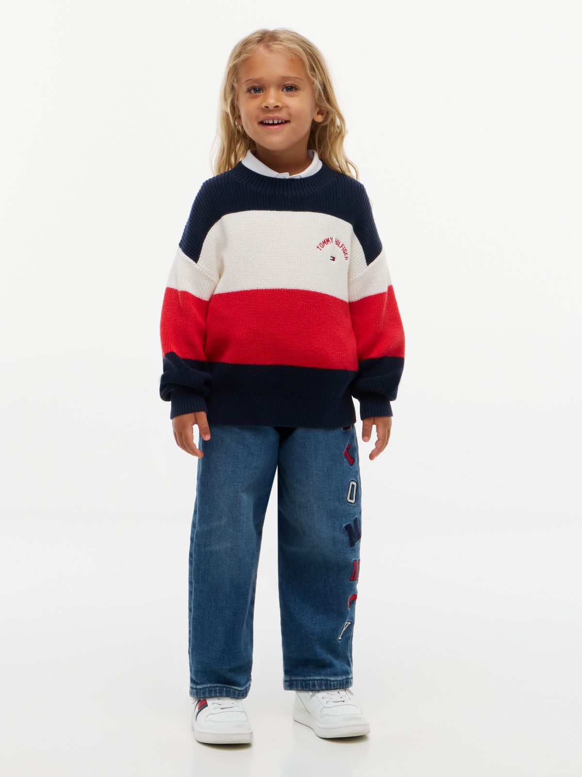 Colour-Blocked Stripe Relaxed Crew Neck Jumper — Red