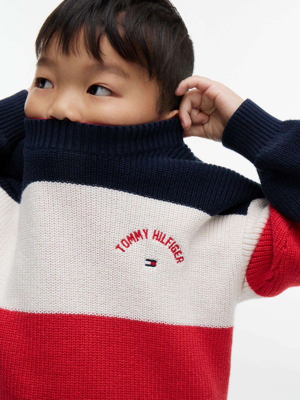Colour-Blocked Stripe Relaxed Crew Neck Jumper — Red