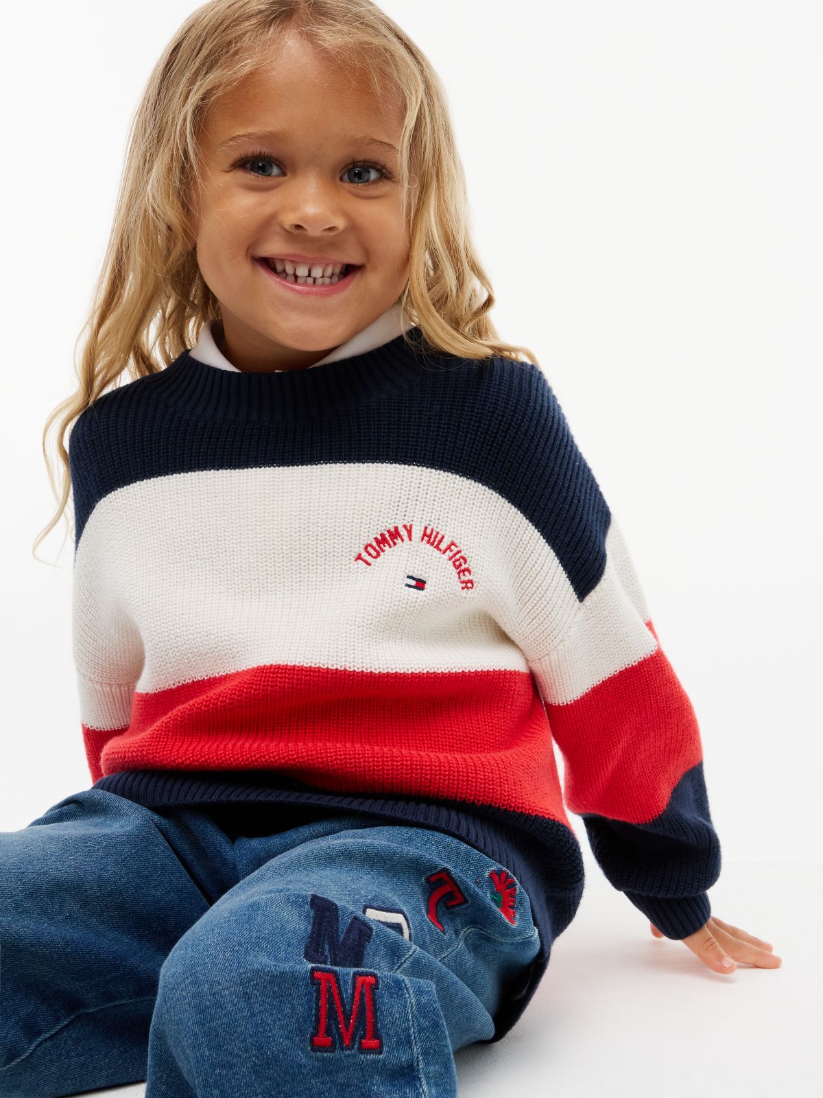 Colour-Blocked Stripe Relaxed Crew Neck Jumper — Red