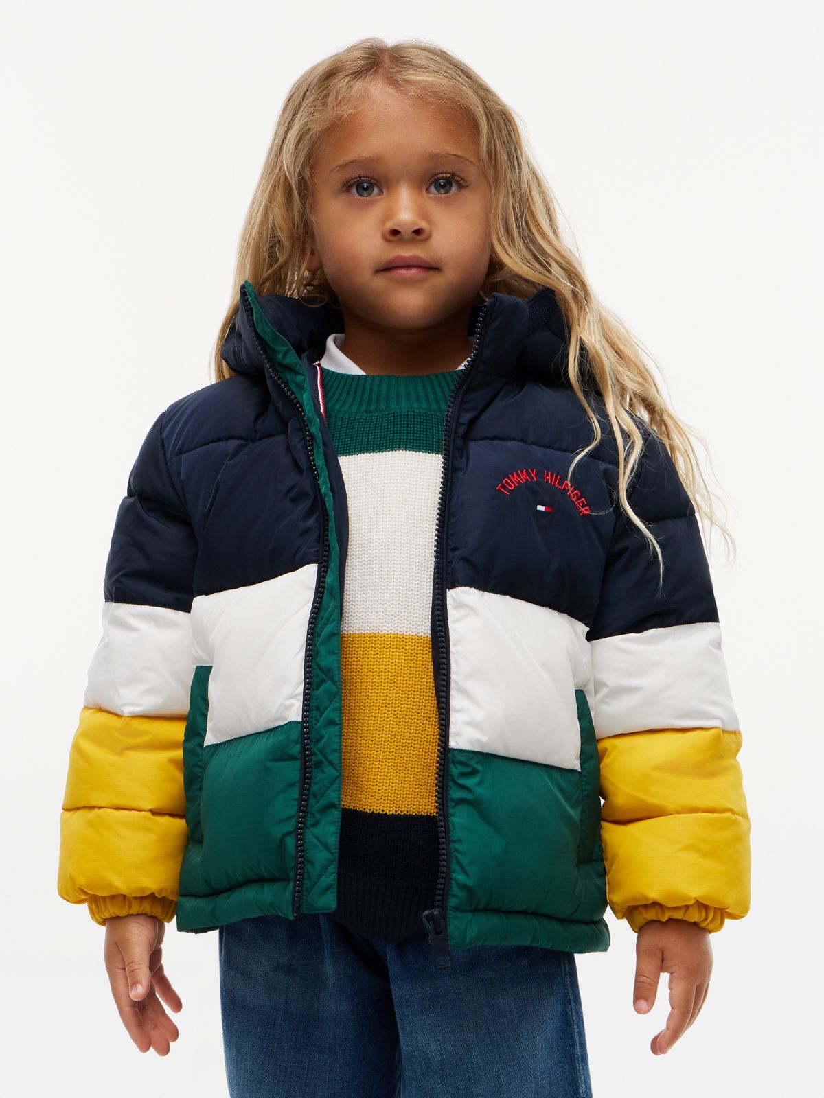 Colour-Blocked Ripstop Hooded Puffer Jacket — Blue