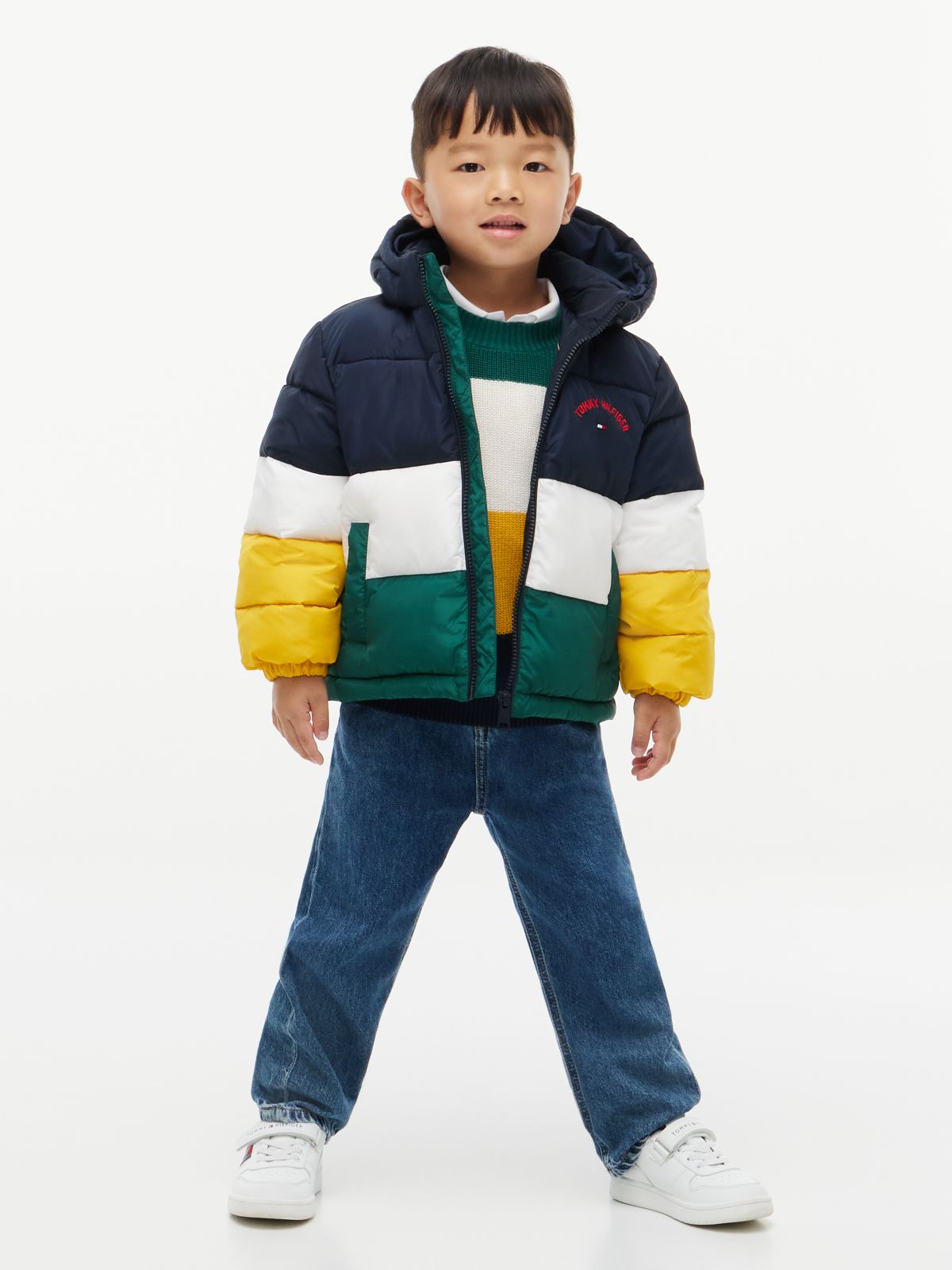 Colour-Blocked Ripstop Hooded Puffer Jacket — Blue