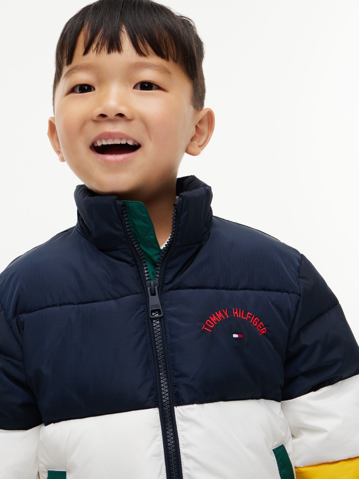 Colour-Blocked Ripstop Hooded Puffer Jacket — Blue