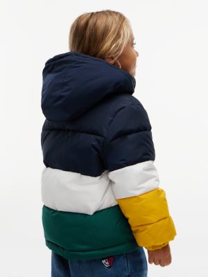 blue colour-blocked ripstop hooded puffer jacket for kids gender inclusive tommy hilfiger