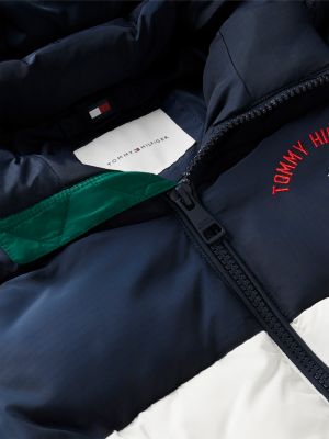 blue colour-blocked ripstop hooded puffer jacket for kids gender inclusive tommy hilfiger