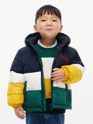 blue colour-blocked ripstop hooded puffer jacket for kids gender inclusive tommy hilfiger