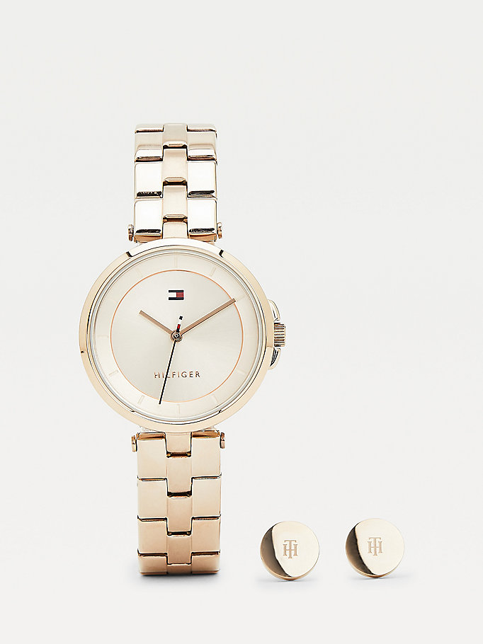 pink watch and earrings gift set for women tommy hilfiger
