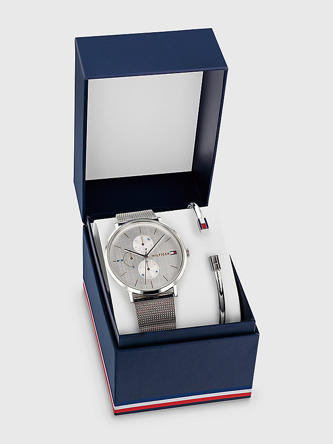 silver watch and bangle gift set for women tommy hilfiger
