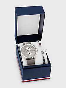 silver geschenkset mit armbanduhr und armreif für damen - tommy hilfiger