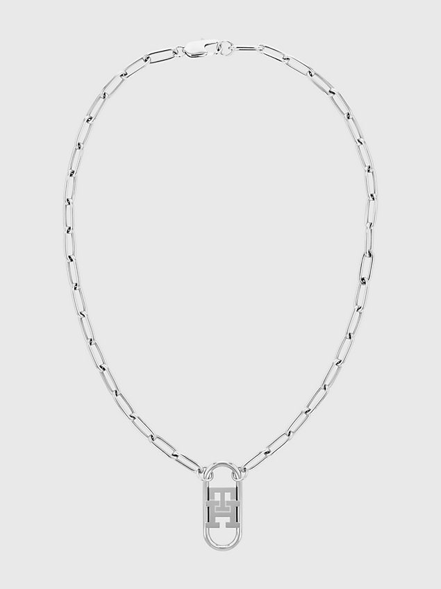 silver th monogram lange edelstahl-halskette mit anhänger für damen - tommy hilfiger