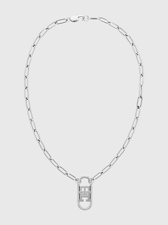 silver th monogram stainless steel long pendant chain necklace for women tommy hilfiger