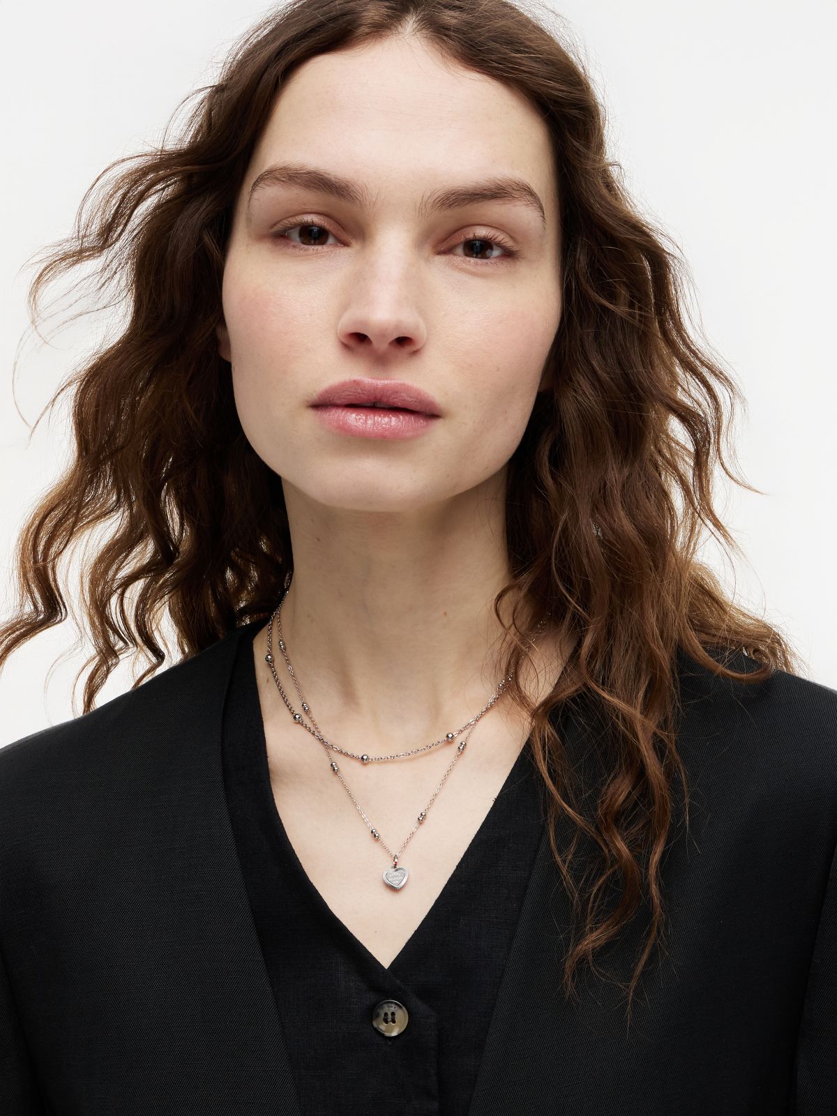 Stainless Steel Heart Charm Layered Necklace — Silver