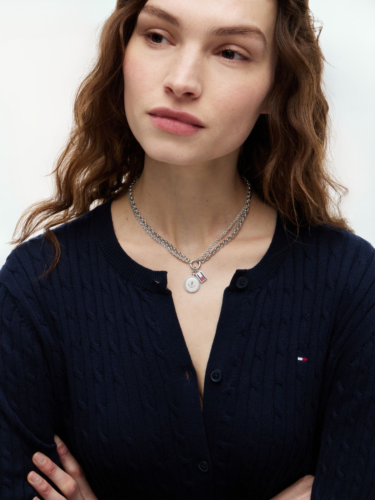 Stainless Steel Double Chain Nautical Charm Necklace — Silver